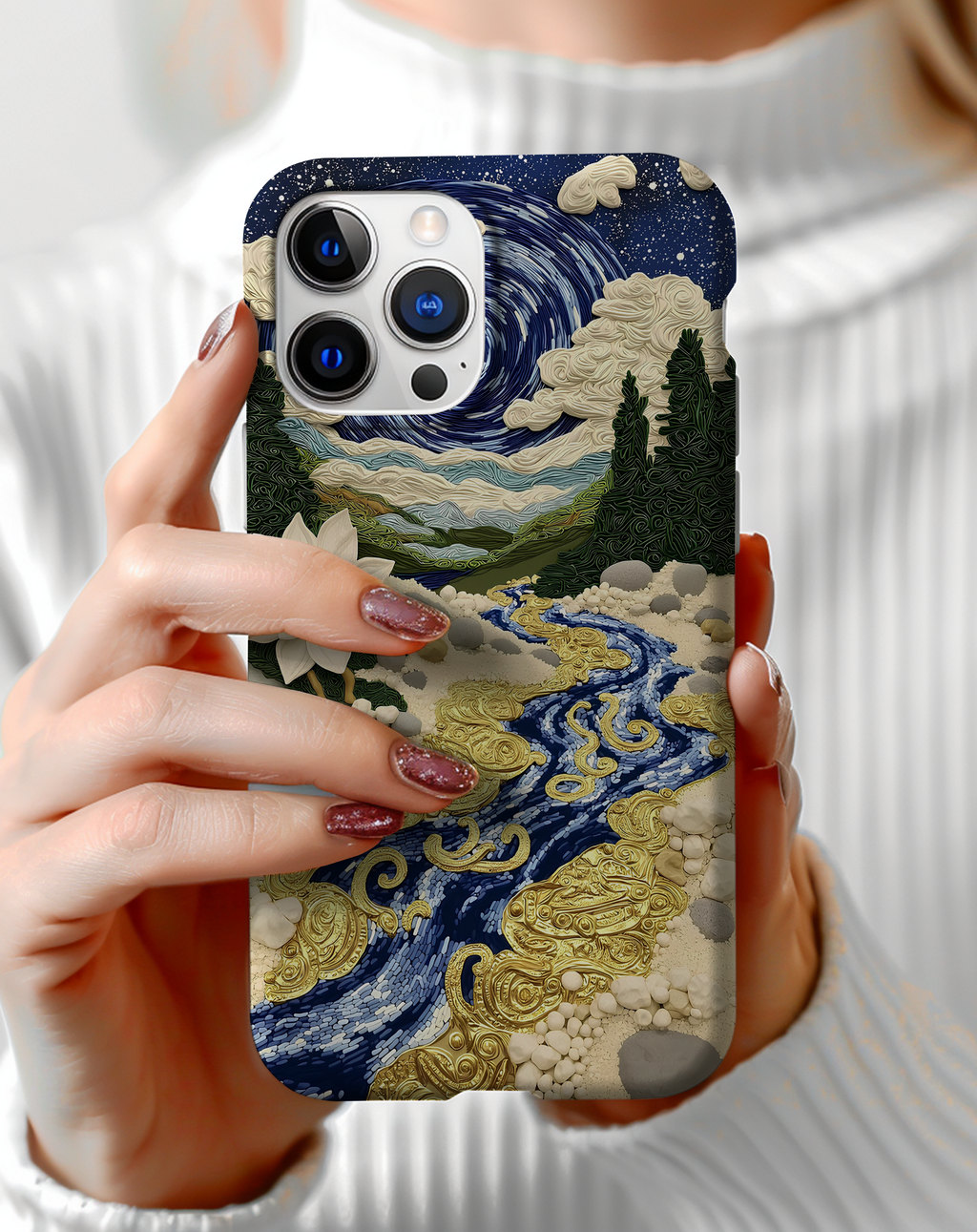 Altın Desenli Nehir ve Lotus Çiçeği Telefon Kılıfı