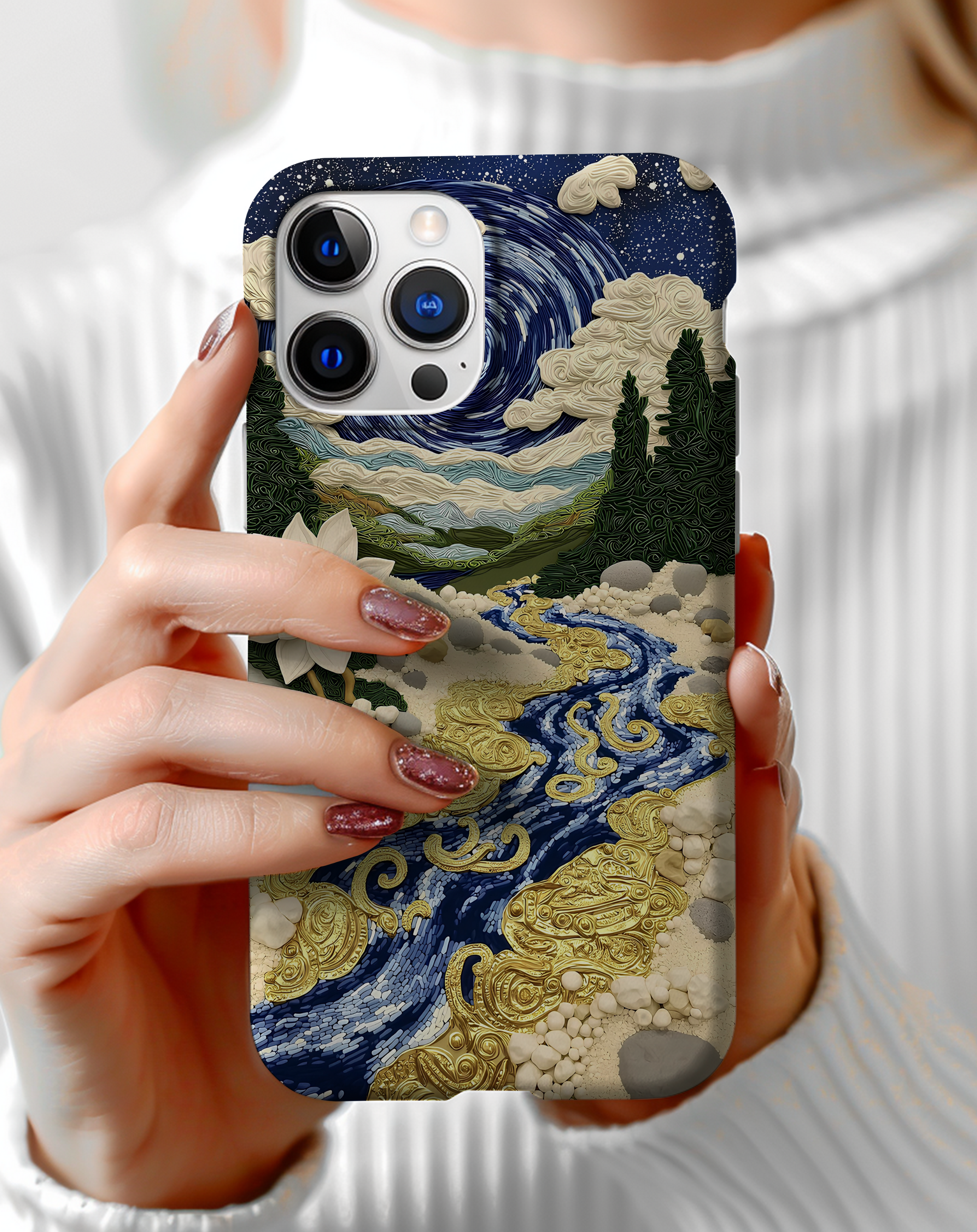 Altın Desenli Nehir ve Lotus Çiçeği Telefon Kılıfı