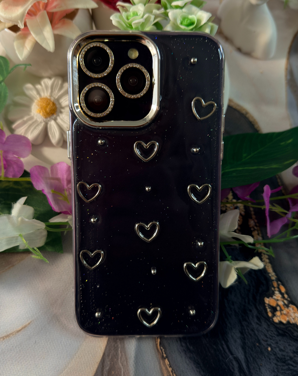 Glitter 3D Kalp Şeffaf (Sararmaz) Premium Telefon Kılıfı