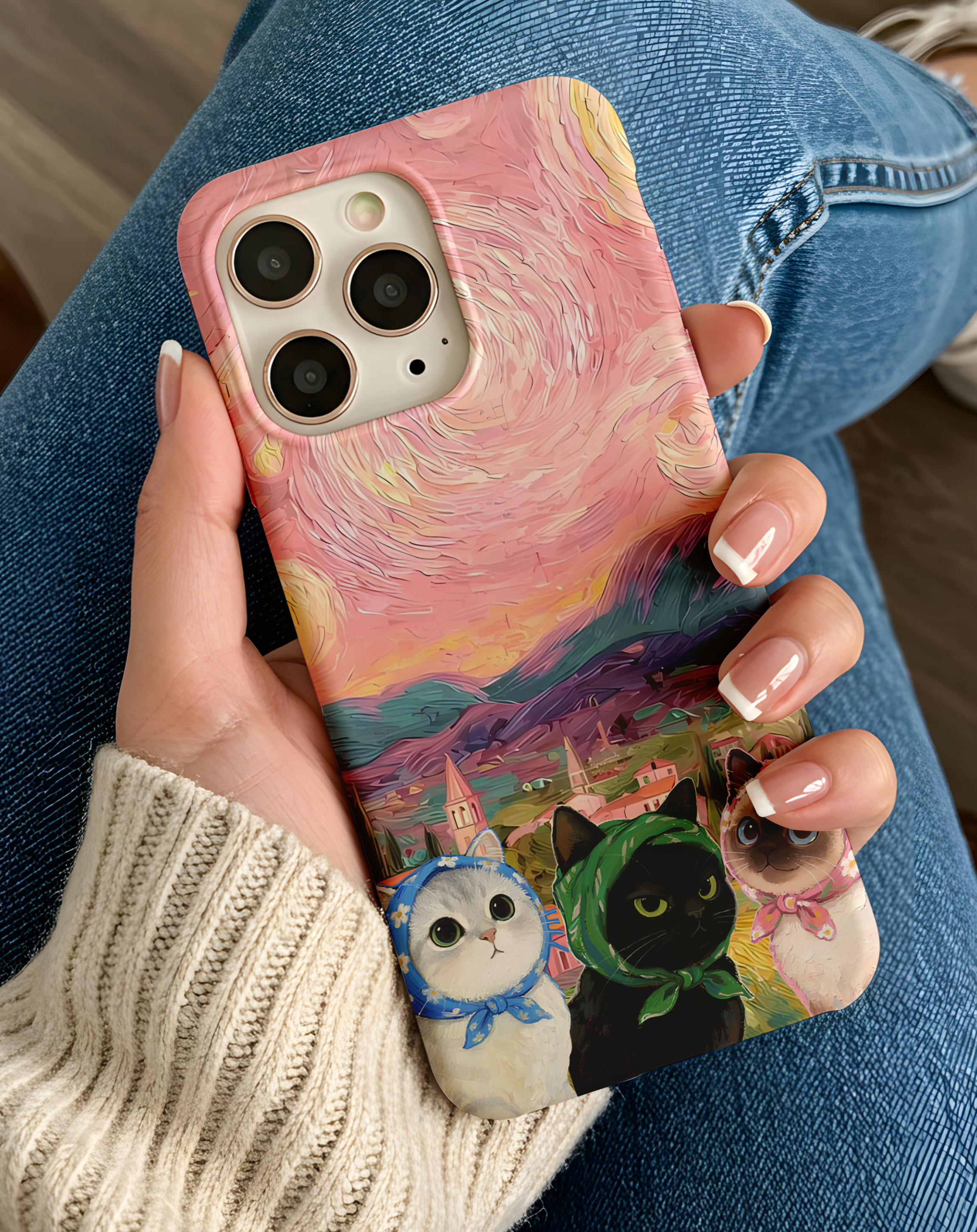 Sanatsal Kedi Desenli Premium Telefon Kılıfı