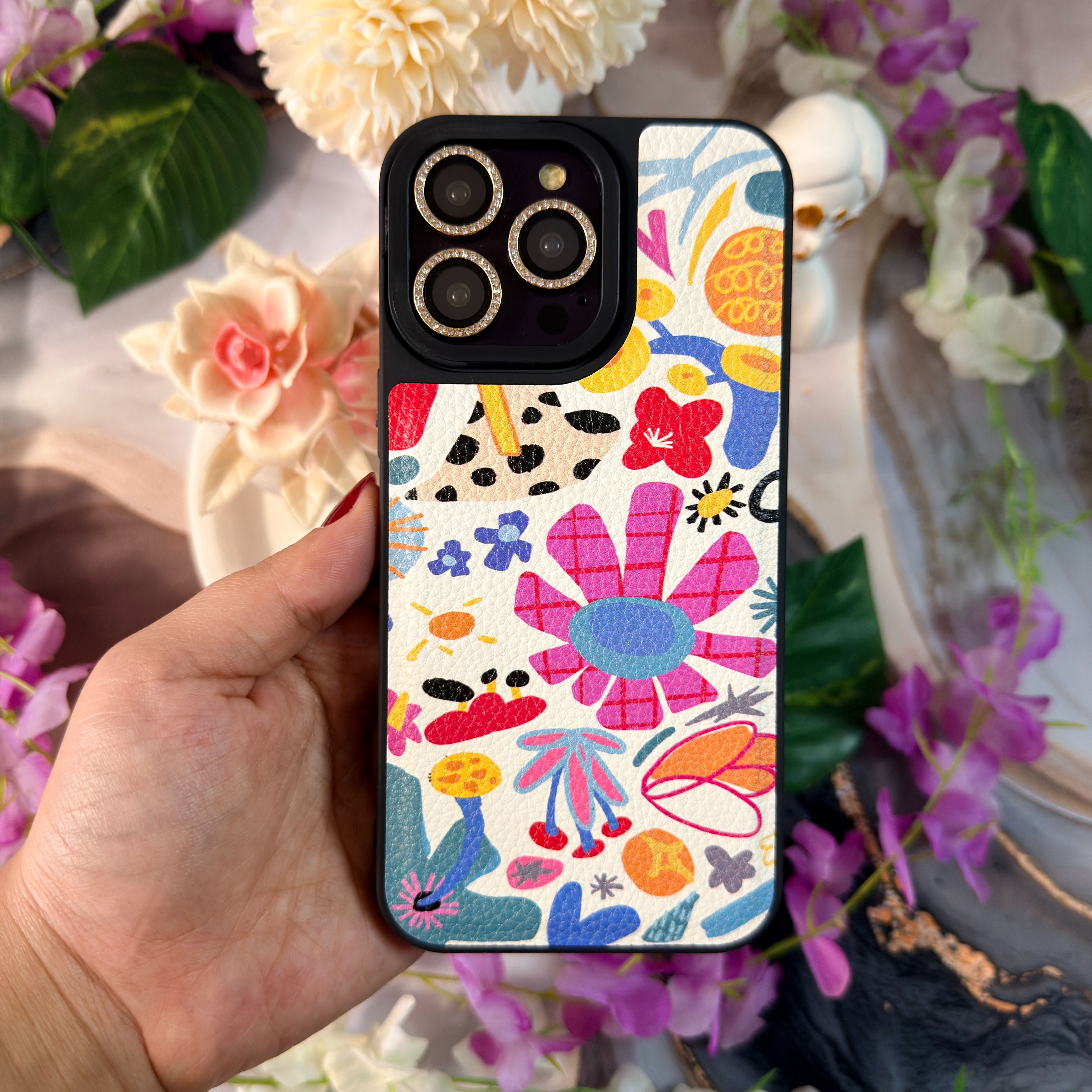 Abstract Flowers Deri Telefon Kılıfı